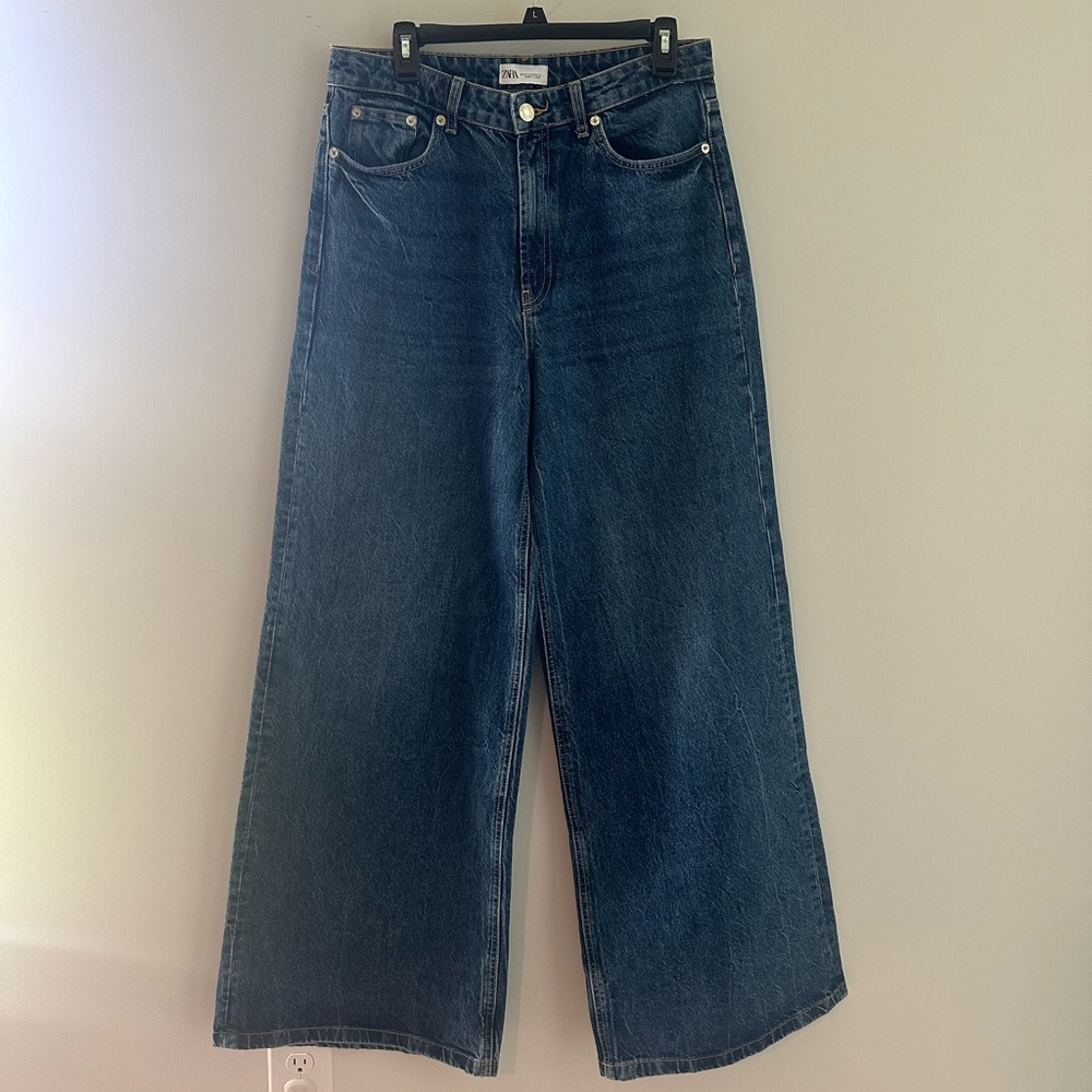 ZARA Jeans Wide Leg High Waisted Size 10 Medium Wash Long